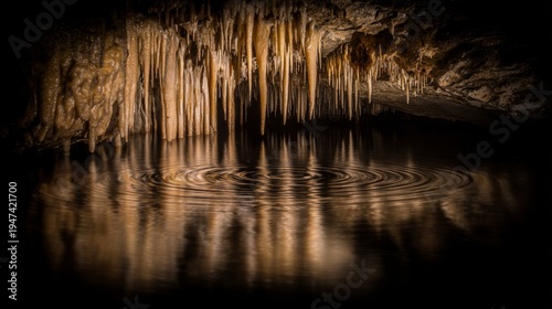 grotto. Limestone cave interior with stalactites mirrored in calm underground water. travel magazines, destination branding, designed for outdoor magazines and nature guides.
