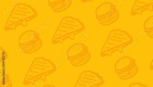 Quesadilla Seamless Pattern. Burger pattern. Mexican Tortilla Food Illustration. Handdrawn Cheese Filled Snack. Repeating Streetfood Background. Decorative Packaging Textile Design.