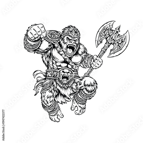 line art hero gorilla wit axe illustration