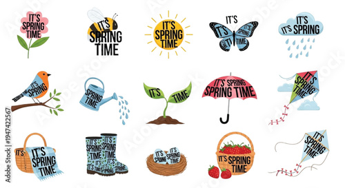 Spring Time Icons Set with Flowers Bee Sun Butterfly Rain Bird Gardening Umbrella Kite Basket Vector Collection