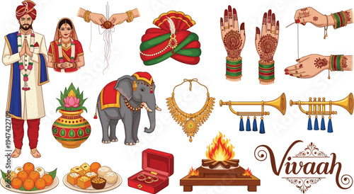 Indian wedding elements collection with bride and groom, mehndi hands, turban, jewelry, sacred fire, sweets and traditional symbols colorful vector illustration for cultural celebration design