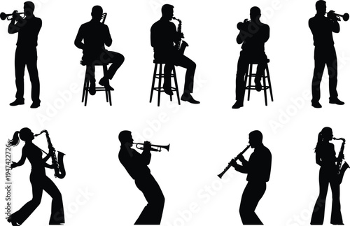 Jazz band musician silhouettes collection with saxophone, trumpet and clarinet players performing, black isolated music performer set for concert, festival, band, and entertainment design