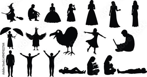 Large collection of black silhouette characters including witch, people, birds, dancing girl, umbrella woman, laptop user, and various human poses isolated on white background