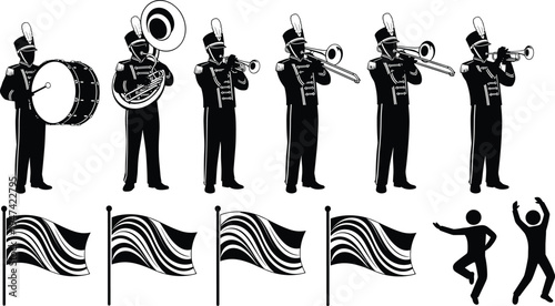 Marching band silhouettes with musicians playing brass instruments, drum and waving flags, parade performance vector set with dancers isolated for festival, music event design
