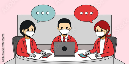 Business colleagues wearing face masks collaborating around laptop with speech bubbles representing communication and teamwork. Modern office meeting concept in clean flat vector style.