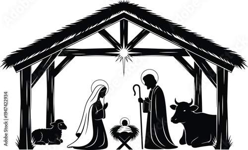 Nativity scene silhouette with Mary, Joseph and baby Jesus in manger under Bethlehem star, traditional Christmas religious illustration with animals in stable