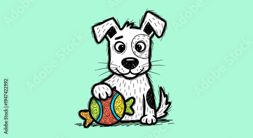 Cute white dog with toy fish.
