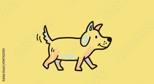 A cartoon dog walking sideways slowly.