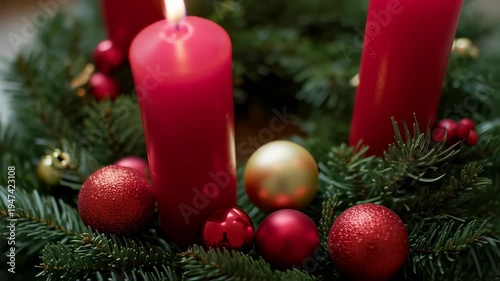 Traditional Christmas Advent Wreath with Two Burning Red Candles.