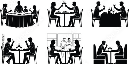 Restaurant dining silhouette set people eating and drinking at table vector illustration collection romantic dinner family meal cafe lifestyle scenes isolated design