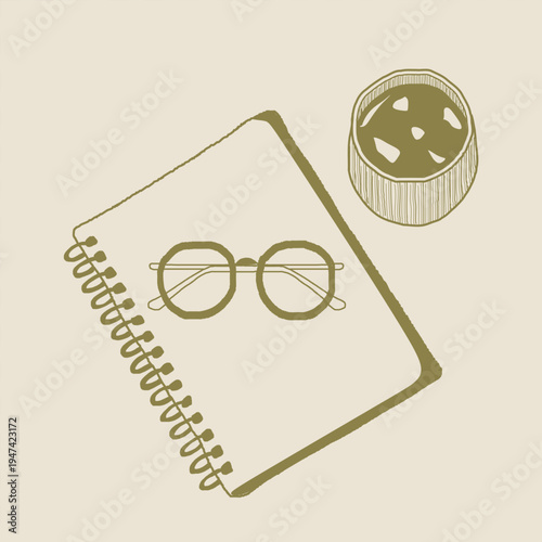 Notebook and A cup of Matcha Organic Handmade with Hand Sketch Raw Lines