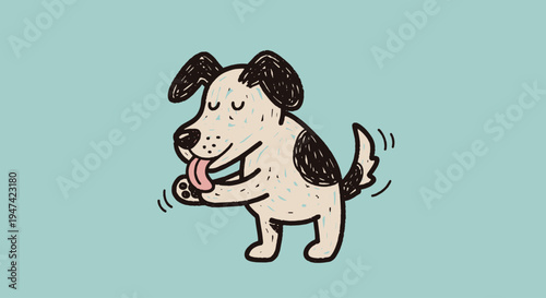 A dog licking its paw.