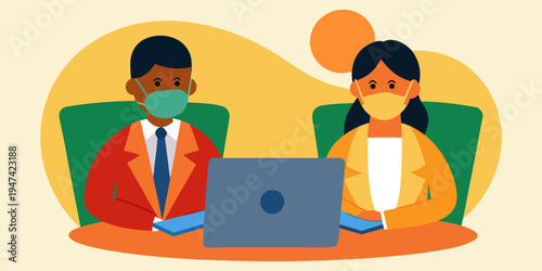 Two business professionals wearing medical masks working together with laptop in modern workspace. Safe collaboration, remote teamwork and pandemic office concept in flat illustration style.