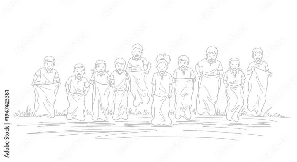 Naklejka premium Group of Diverse Happy Children Participating in a Sack Race Competition Illustration Vector
