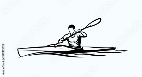 Kayaking Athlete Rowing Canoe Black and White Vector Illustration for Sport Design