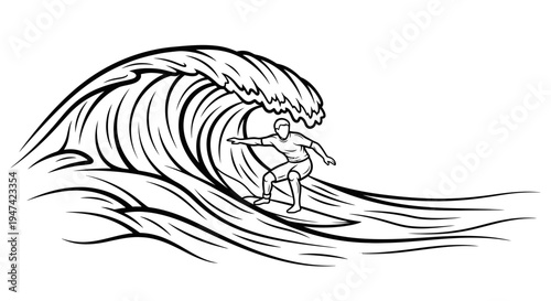 Surfing athlete riding big ocean wave barrel outline illustration vector design element