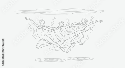 Artistic Line Drawing Illustration of Synchronized Swimmers Performing Underwater Vector Design