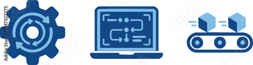 Set of 3 technology icons vector, blue