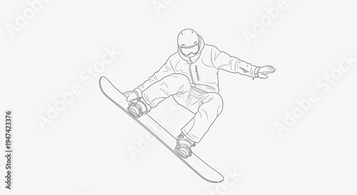 Professional snowboarder performing a jump trick outline illustration vector graphic design element