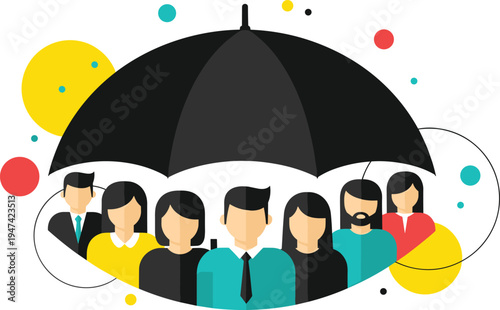 Group of diverse people standing under a large black umbrella for life insurance social security and collective protection vector