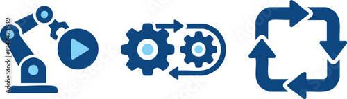 Set of 4 industrial icons vector, blue robotic arm, gear, recycling