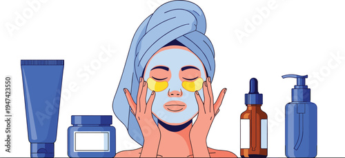 Beautiful woman with face mask and gold eye patches surrounded by skincare products serum bottles and cream jars vector