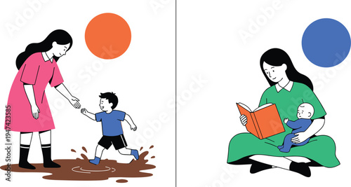 Mother playing with son in mud puddle and reading book to baby in minimalist flat vector style for parenting education