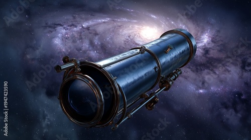 A telescope floating in space aimed at a distant galaxy