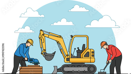 Flat vector illustration of construction site with excavator and workers using circular saw and manual tools under blue sky and clouds, concept for industry building development