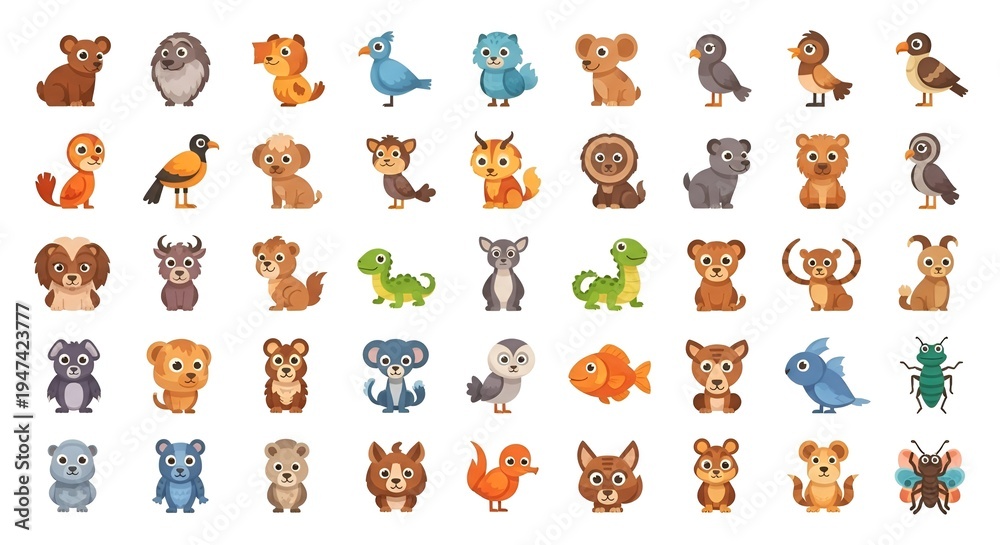 Obraz premium Many colorful animal icons are illustrated on a white background, Image_fx - 2025-10-19T201823.487