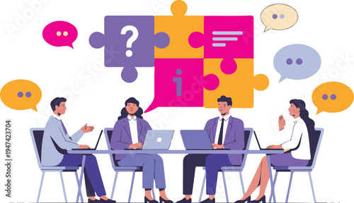 Flat design business meeting illustration with puzzle icons, laptops and teamwork discussion concept on beige corporate background