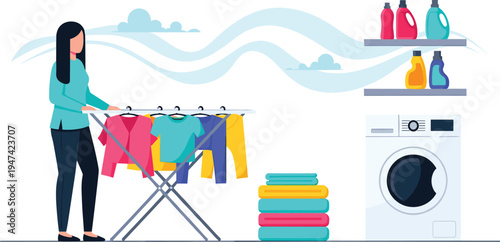 Woman hanging wet clothes on drying rack in laundry room with washing machine detergent bottles and folded towels vector