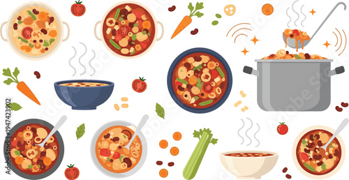 Fresh homemade vegetable soup and bean stew bowls with organic ingredients in a modern flat vector illustration style