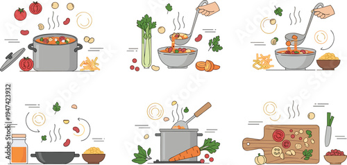 Cooking homemade vegetable soup with fresh organic ingredients and kitchen utensils in a modern flat line vector style