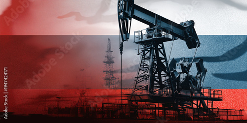 Oil drilling rig silhouette against a backdrop of the Russian flag, showcasing industrial machinery and oil extraction in a dramatic, stylized composition