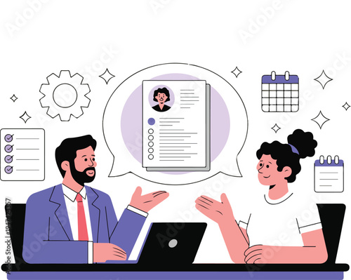 Flat design job interview illustration with recruiter and candidate discussing resume, laptop meeting and hiring process concept