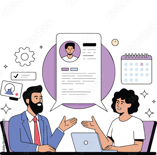 Flat design job interview illustration with recruiter and candidate discussing resume, laptop meeting and hiring process concept