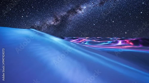 Cosmic night sky with flowing abstract magenta light trails and stars