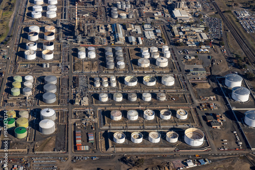 Aerial view of Viva Energy Geelong Refinery storage tanks and processing units