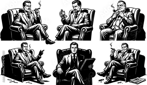 Retro noir vector art six seated gentlemen in armchairs various poses smoking holding pocket watch confident portraits low angle composition