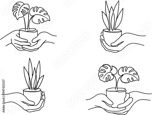 Set of 4 Hand-Held Potted Houseplants Vector Icons: Minimalist Line Art for Eco-Friendly Design
