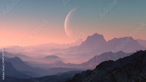 An alien sunrise seen from a mountain on another planet