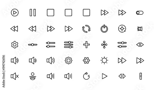 Minimal control and media interface outline icons thin line vector UI control pack