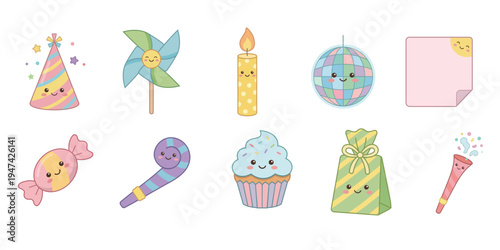 Kawaii Birthday Party Vector Icons
