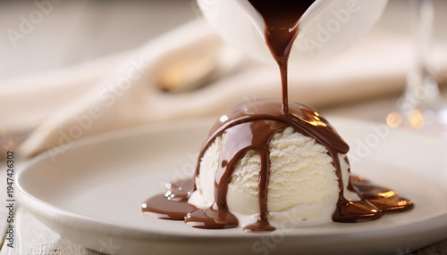 Pouring Hot Chocolate Sauce Over Ice Cream