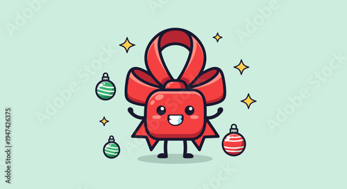 Playful red gift box character with ribbon and smile.
