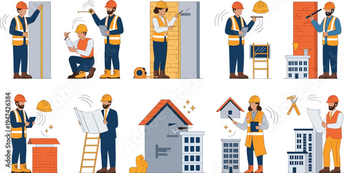 Construction site workers and engineers measuring buildings reviewing blueprints and conducting architectural inspections for professional urban development vector