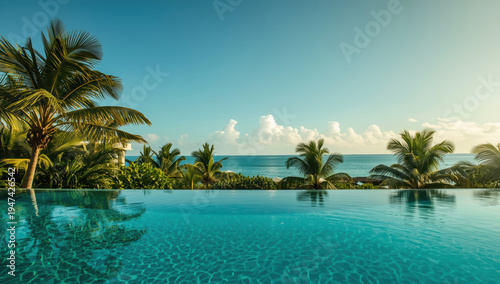 Luxury tropical pool ocean view with palm tree horizon at golden sunlight