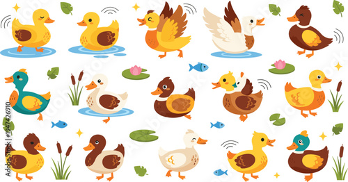 Flat vector illustration set of cute cartoon ducks in various poses including swimming and flying with pond elements like lily pads and fish, perfect for kids nursery design