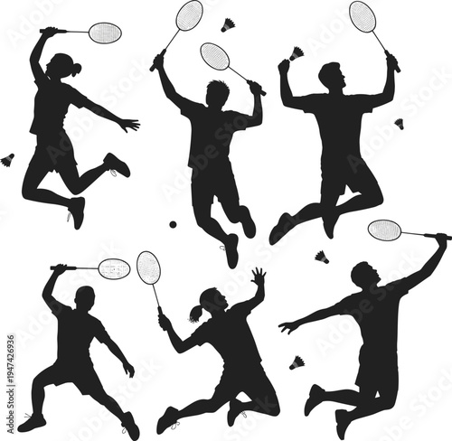 Badminton player silhouettes set with jumping smash and racket action poses, professional badminton sport athletes isolated on white background vector illustration